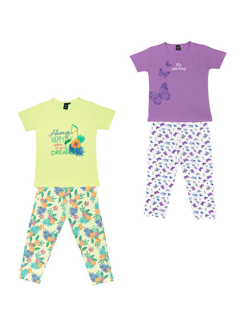 

Todd N Teen Girls Pack of 2 Yellow & Purple Printed Pure Cotton Night suit