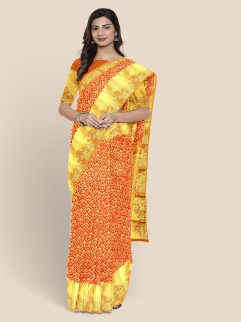 

Kalamandir Maroon & Gold-Toned Silk Blend Woven Design Kanjeevaram Saree
