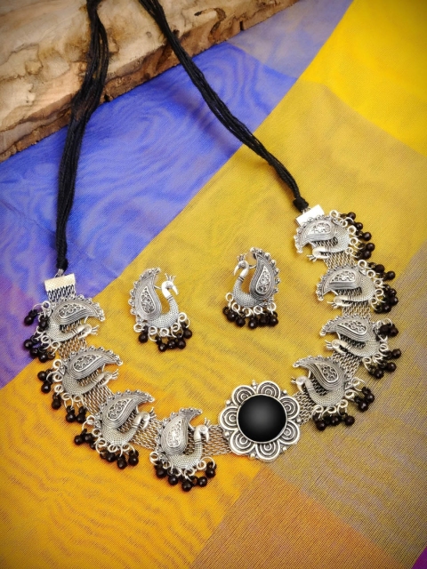 

Crunchy Fashion Oxidized Silver-Plated & Black Pearls-Studded Peacock Jewellery Set