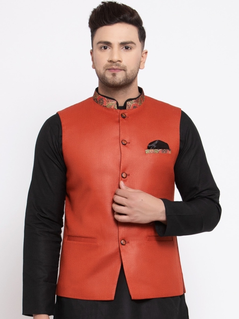 

MAXENCE Men Orange Solid Woven Slim-Fit Cotton Nehru Jacket