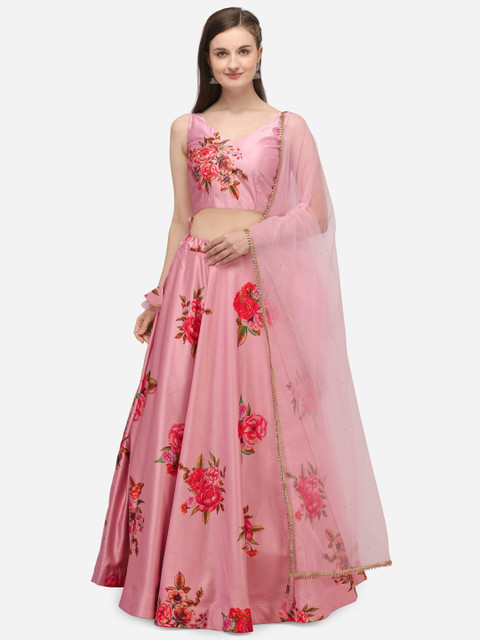 

NAKKASHI Pink & Red Printed Semi-Stitched Lehenga & Unstitched Blouse with Dupatta