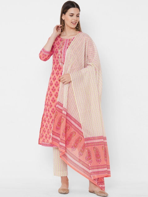 

FASHOR Women Pink Ethnic Motifs Printed Regular Straight Pure Cotton Kurta with Trousers