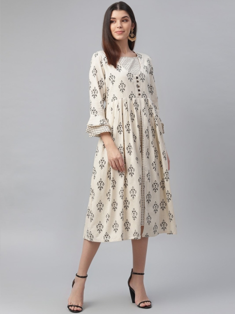 

nesara Women Off White & Black PrintedFit And Flared Midi Dress