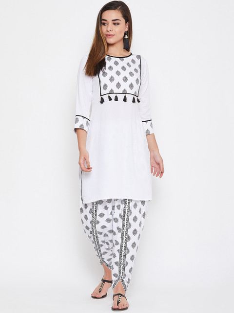 

TULIP 21 Women White & Black Ethnic Motifs Yoke Design Regular Straight Kurta with Dhoti
