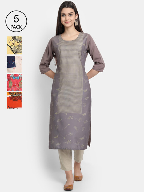 

Ethnic basket Women Pack Of 5 Printed Crepe Kurtas, Multi