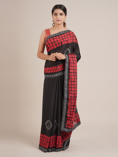 

Pothys Black & Red Poly Chiffon Checked Saree