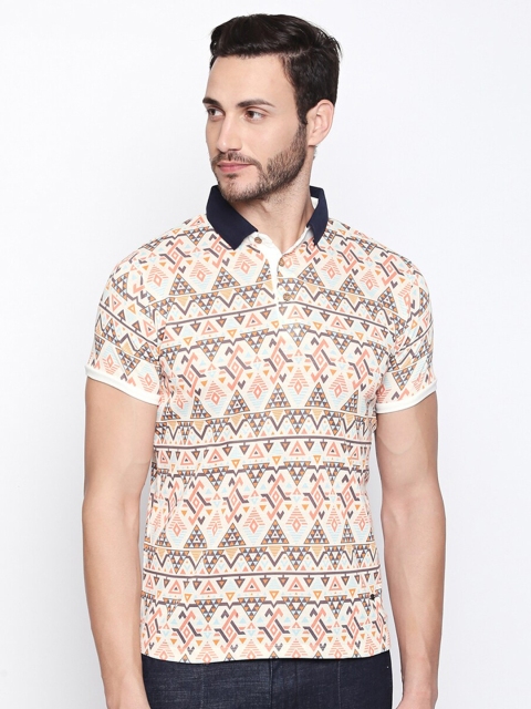 

Rex Straut Jeans Men Beige & Navy Blue Printed Polo Collar Slim Fit Cotton T-shirt