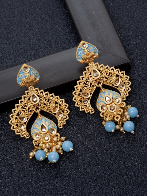 Ibtida Blue Gold Plated Stone Studded & Beaded Handcrafted Enamelled Drop Earrings