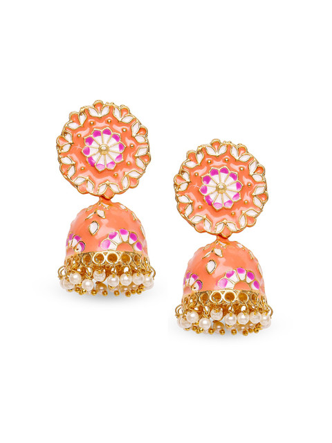 

Mahi Peach Coloured Gold-Plated Beaded Meenakari Dome Shaped Jhumkas