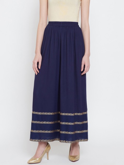 

TULIP 21 Women Navy Blue & Gold-Toned Hem Design Flared Palazzos