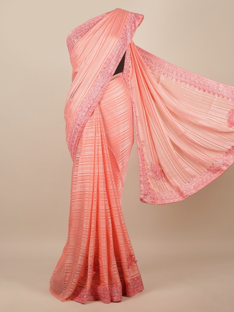 

Pothys Peach-Coloured Striped Poly Chiffon Saree