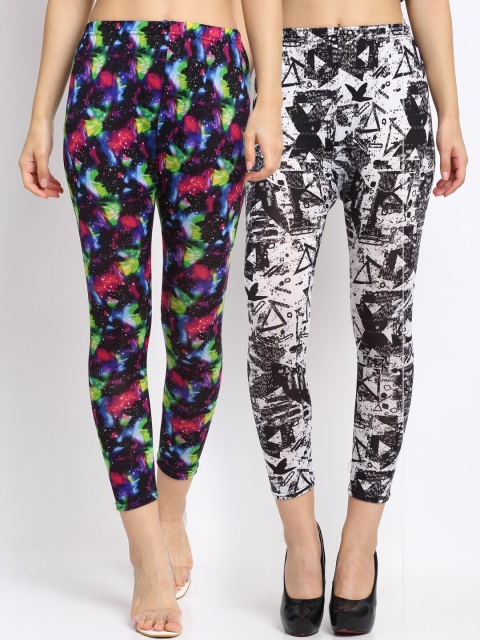 

NEUDIS Women Pack Of 2 Printed Ankle-Length Skinny-Fit Leggings, Black