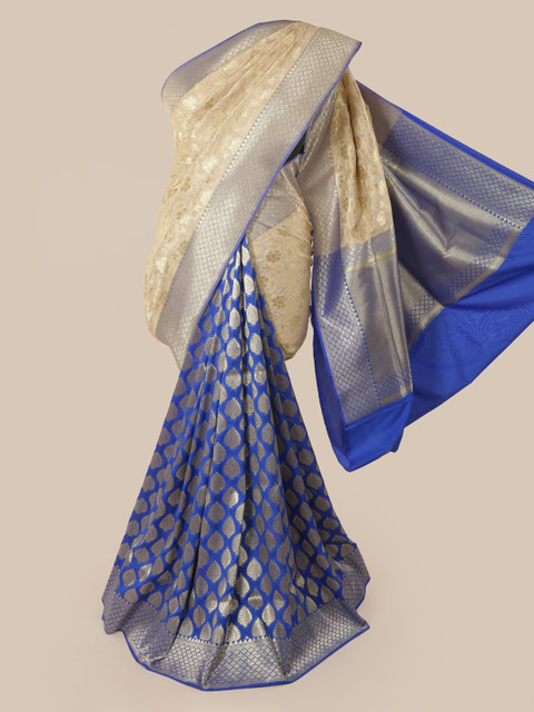 

Pothys Cream-Coloured & Blue Pure Silk Woven Design Banarasi Saree