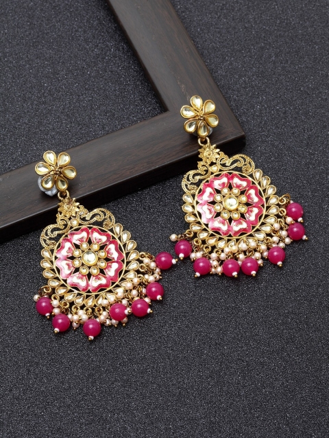 

Ibtida Pink & White Gold-Plated Stone STudded & Beaded Enamelled Drop Earrings
