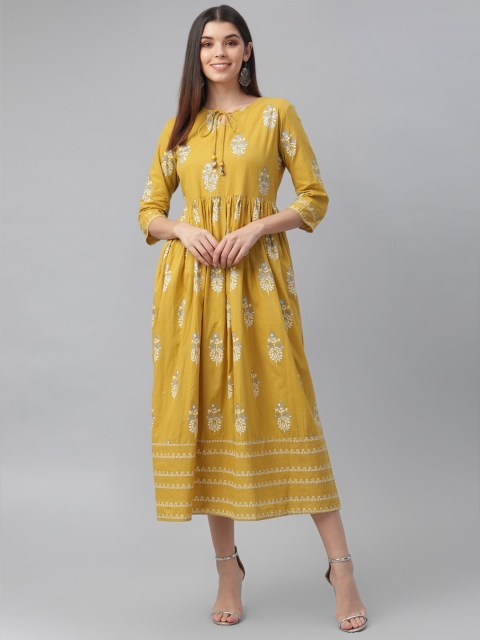 

nesara Women Mustarad Yellow & White Printed Tie-Up Neck A-Line Midi Dress, Mustard