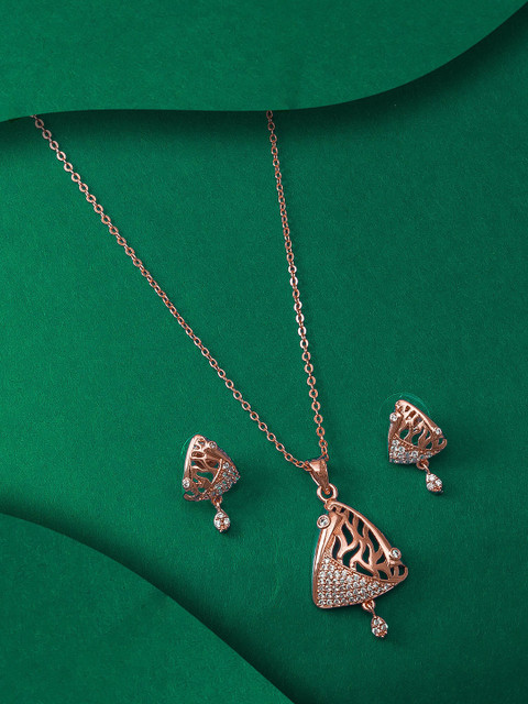 

aadita Rose Gold & White Studded Pendant Set
