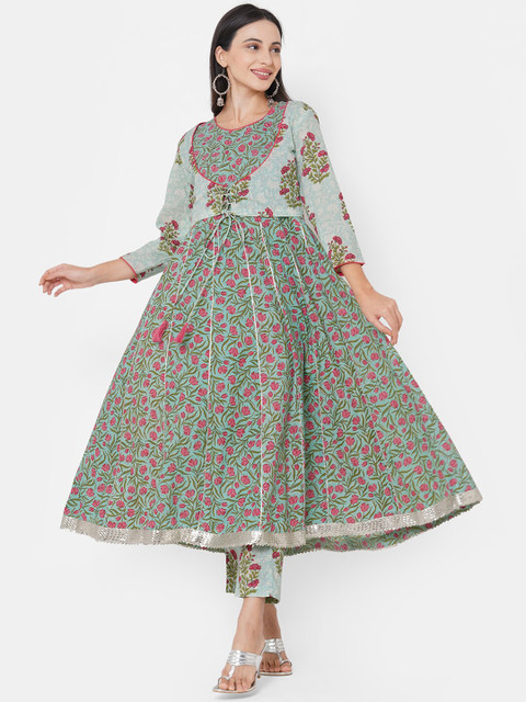 

FASHOR Women Green & Pink Floral Printed Anarkali Cotton Kurta with Trousers & Jacket