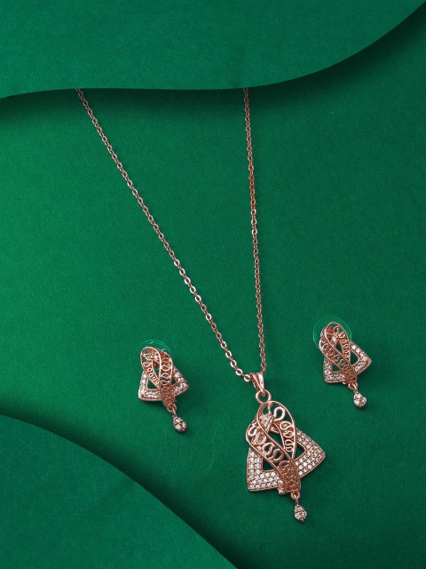 

aadita Rose Gold & White Studded Pendant Set