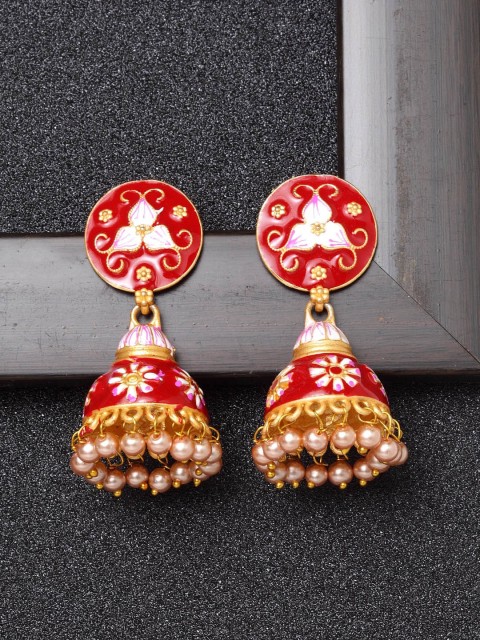 

Ibtida Red & White Gold-Plated Beaded Enamelled Jhumkas