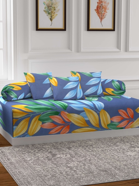 

KLOTTHE Set Of 6 Blue & Yellow Floral Diwan Set With Bolsters & Cushions