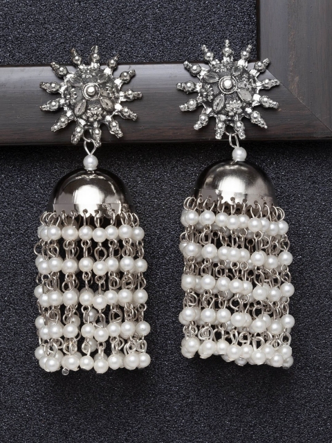

Ibtida Silver-Toned & White Rhodium Plated Studded & Beaded Chandelier Jhumkas