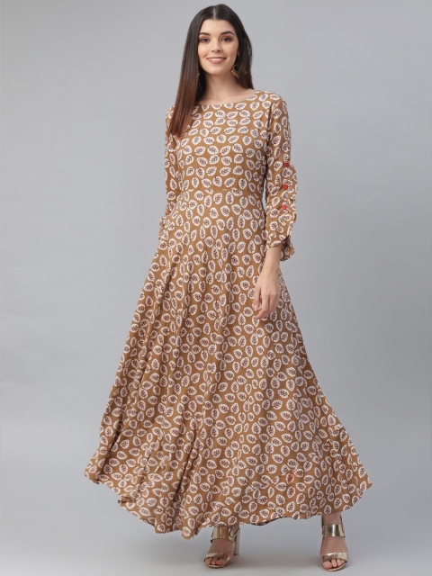 

nesara Camel Brown & Off White Floral Maxi Dress