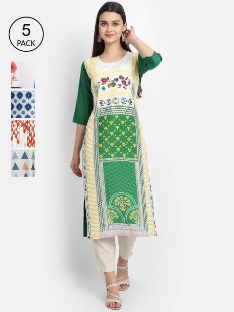 

Ethnic basket Women Pack Of 5 Ethnic Motifs Printed Crepe Kurtas, Multi