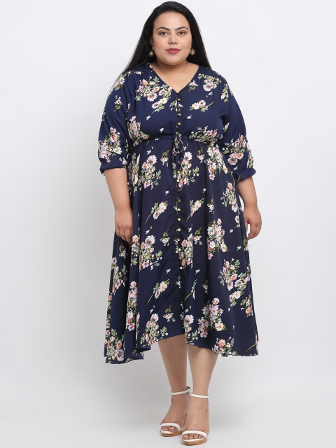 

sindrellastorie Women Plus Size Navy & Off-White Floral Print Fit and Flare Midi Dress, Blue