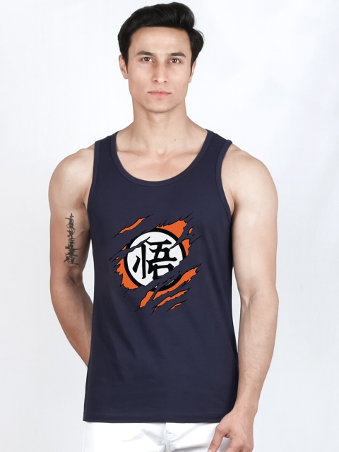 

ComicSense.xyz Men Navy Blue & Orange Saiyan Inside Dragonball Printed Pure Cotton T-Shirt