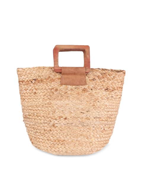 

ASTRID Beige Self Design Handheld Wooden Handle Bag