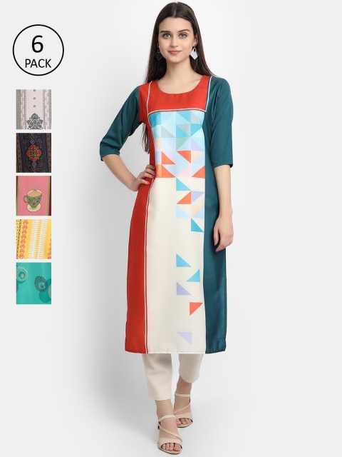 

Ethnic basket Women Pack Of 6 Printed Crepe Kurtas, Multi