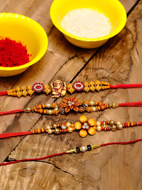 

Crunchy Fashion Men Set of 4 Stone-Studded & Beaded Amroha Craft Rakhis, Red