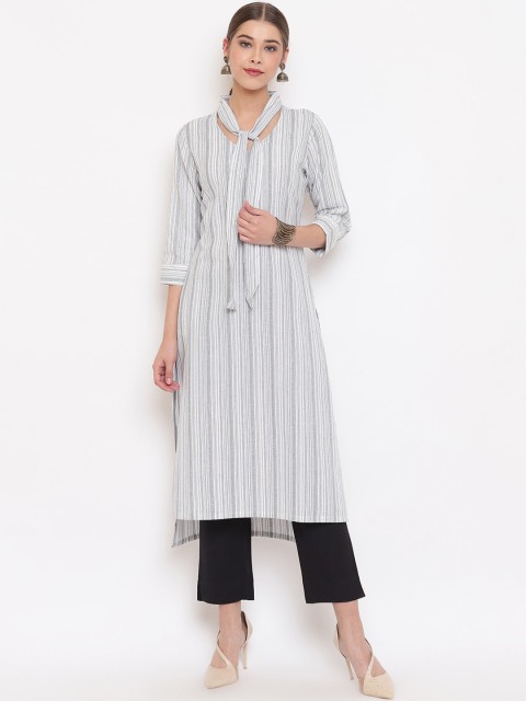 

Janasya Women White & Black Striped Kurta with Pocket