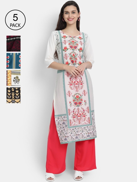 

Ethnic basket Women Pack Of 5 Printed Crepe Kurta, White