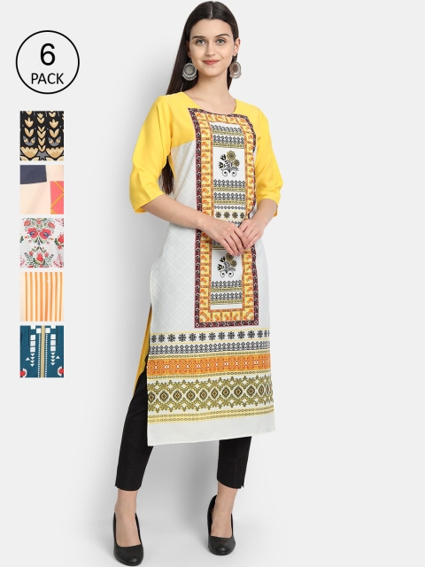 

Ethnic basket Women Pack Of 6 Printed Crepe Kurtas, Multi