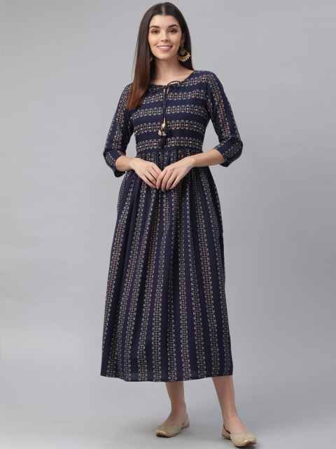 

nesara Women Navy Blue & White Printed Tie-Up Neck Fit And Flared Midi Dress