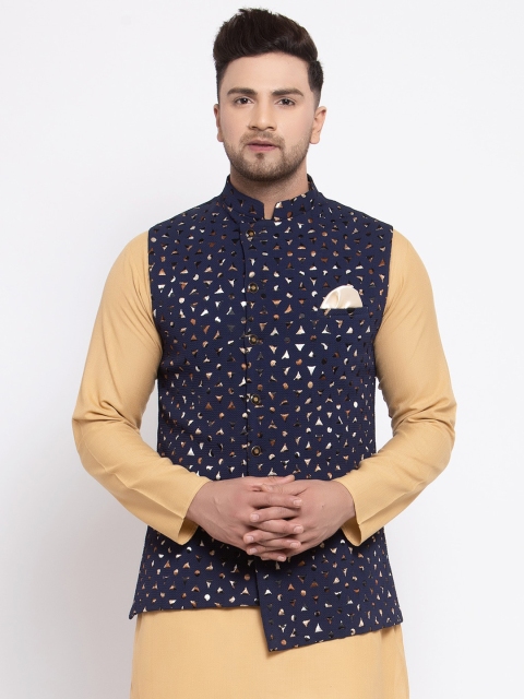 MAXENCE Men Navy Blue & Beige Woven Design Nehru Jacket