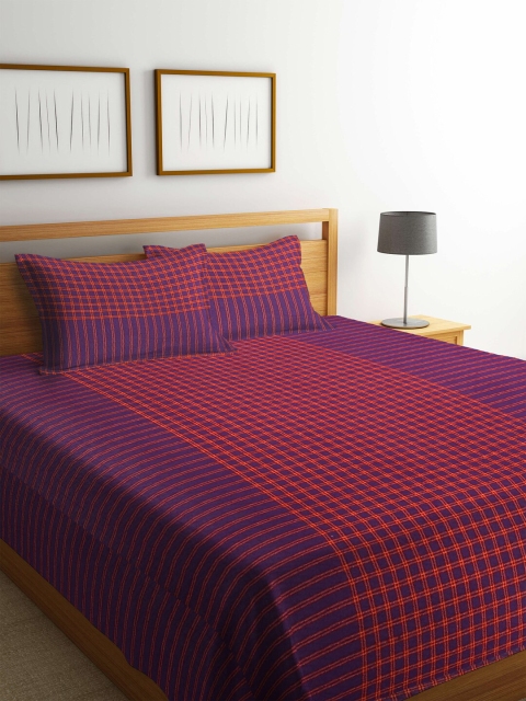 

KLOTTHE Purple & Red CheckedCotton 1 Double King Bedcover With 2 Pillow Covers