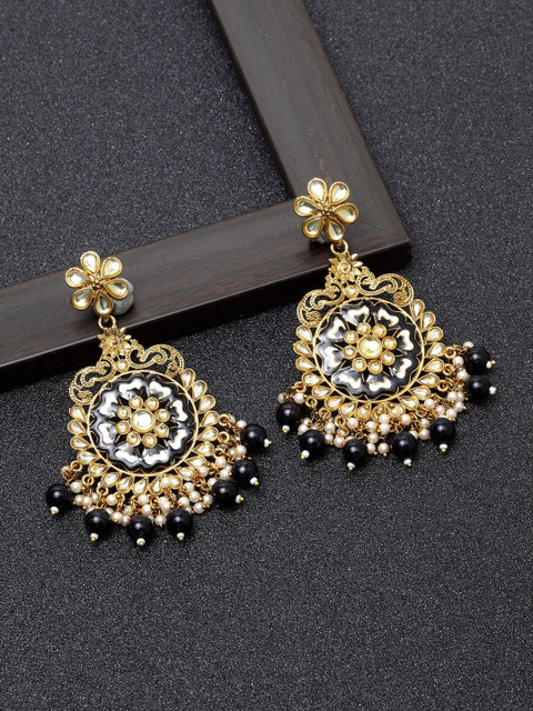 

Ibtida Black Gold Plated Stone Studded & Beaded Handcrafted Enamelled Drop Earrings
