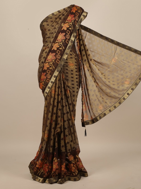 

Pothys Brown Printed Poly Chiffon Saree