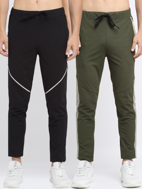 

NEUDIS Men Pack of 2 Black & Olive Green Solid Slim-Fit Track Pants