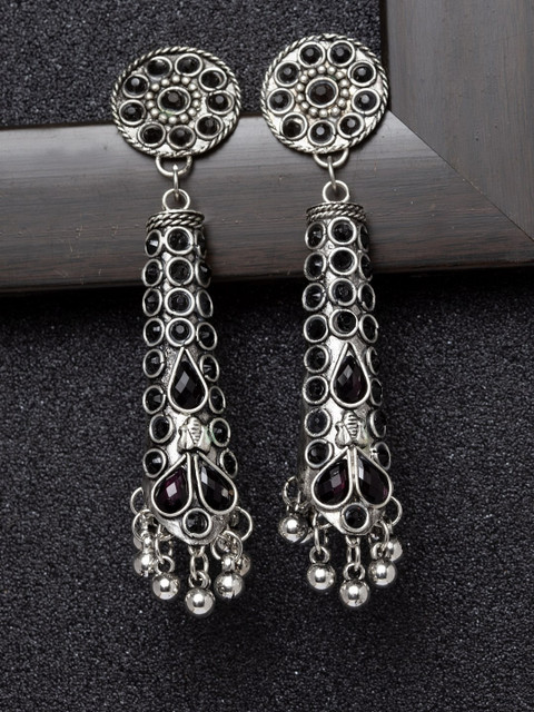 

Ibtida Silver & Black Oxidised Rhodium Plated Studded Contemporary Drop Earrings