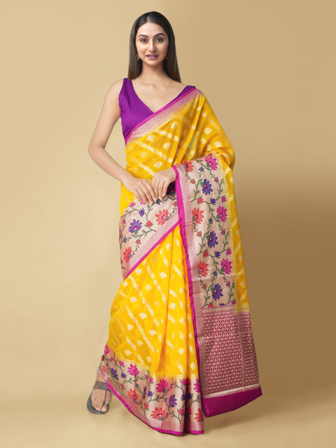 

Unnati Silks Yellow & Purple Silk Cotton Woven Design Banarasi Saree