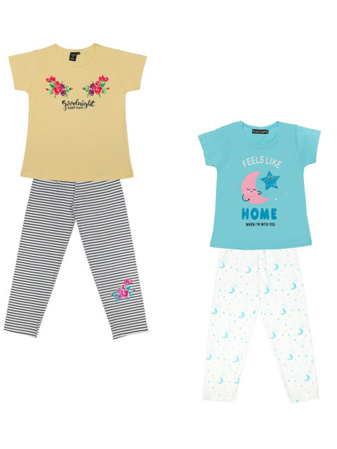 

Todd N Teen Girls Set of 2 Yellow & White Printed Night suit