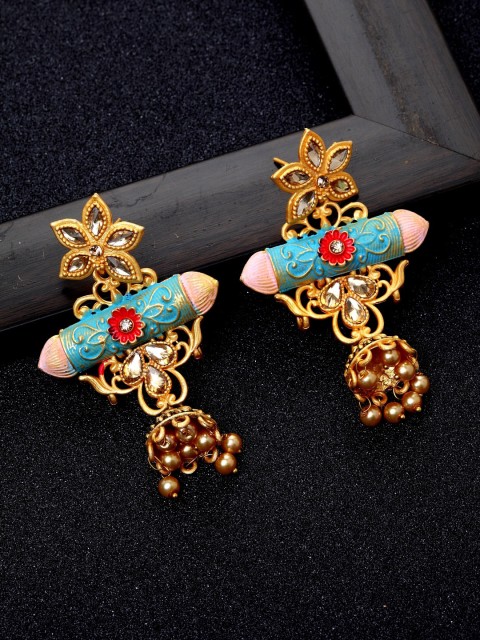 

Ibtida Blue Gold-Plated Stone Studded & Beaded Enamelled Handcrafted Drop Earrings