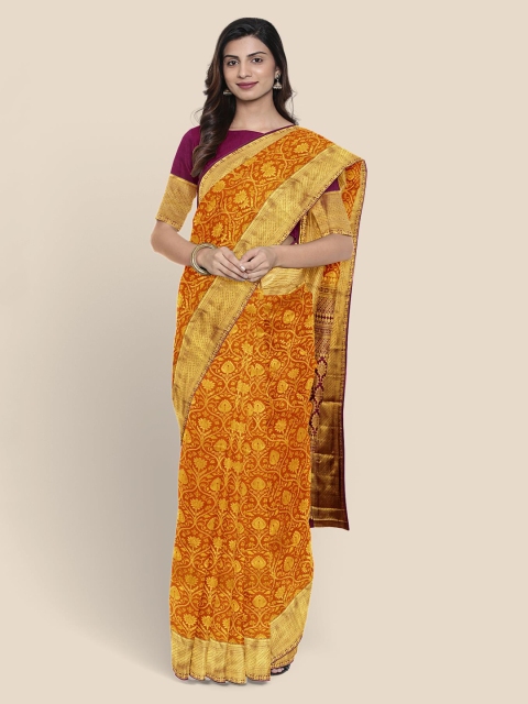 

Kalamandir Gold-Toned Silk Blend Woven Design Kanjeevaram Saree