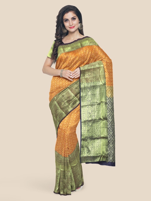 Kalamandir Mustard & Navy Blue Silk Blend Woven Design Kanjeevaram Saree