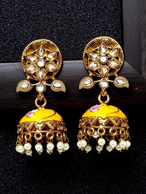 

Ibtida Yellow Gold-Plated Stone-Studded & Beaded Enamelled Handcrafted Jhumkas