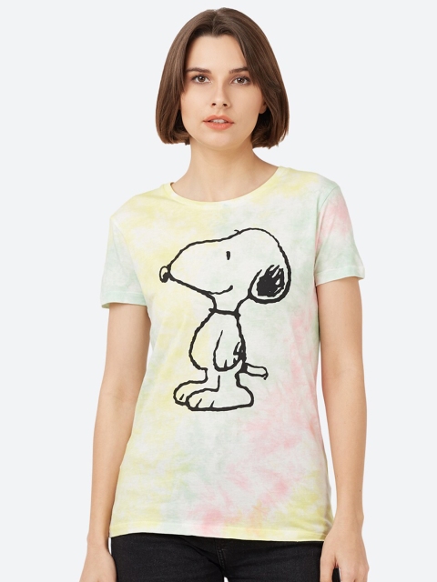 Free Authority Women Yellow Cotton Peanuts Printed Round Neck T-shirt
