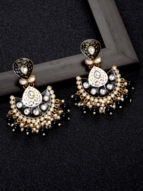 

Ibtida Black & White Gold-Plated Stone Studded & Beaded Meenakari Chandbalis